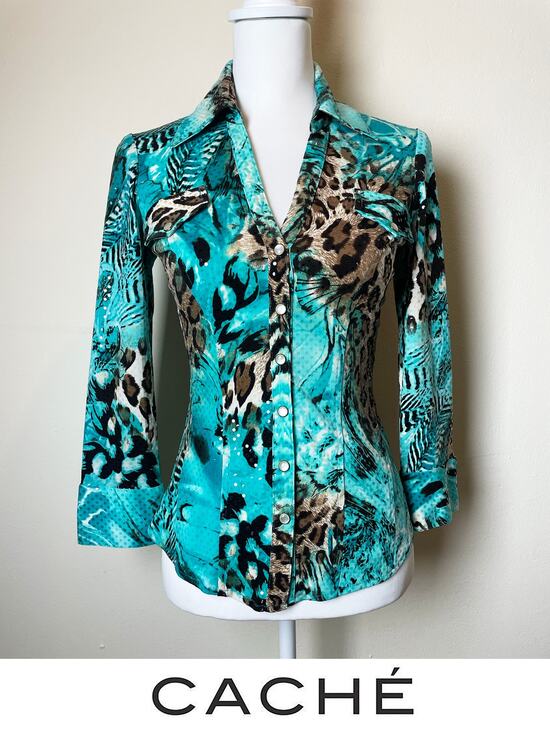 Cache Tops - Cache Vintage Rhinestone Embellished Animal Print Snap-Front Top Sz S